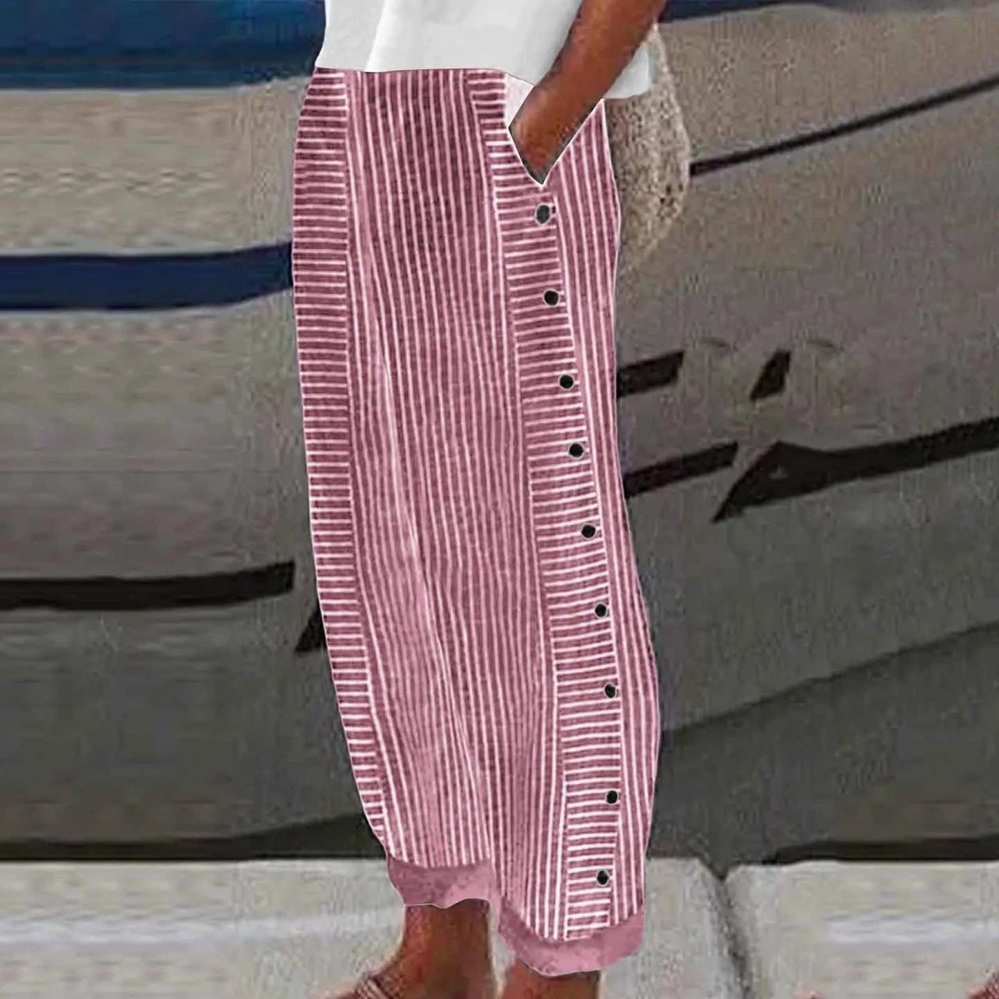 Long Linen Pants Women's Summer Fashion Striped Print Button Casual Versatile Loose High Waist  Dress Pants