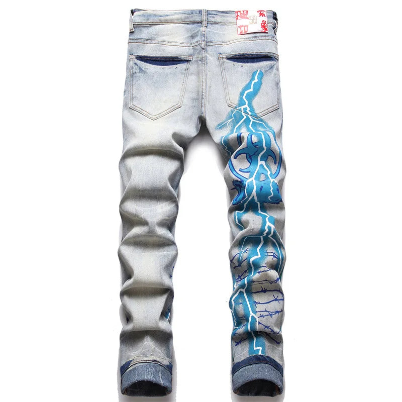 Print Jeans Streetwear Letters Lightning Painted Stretch Denim Pants Vintage Blue Ripped Button Fly Slim Tapered Trousers