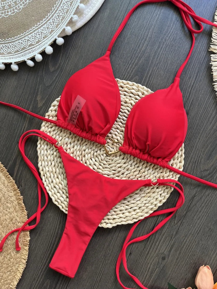 Red Solid Color Bikini Set for Women Triangle Cup Halter Backless Swimsuit  Beach Vacation Thong Swimwear