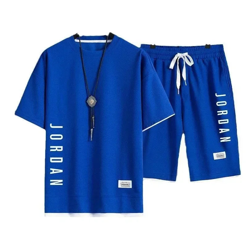 Stylish casual T-shirt + Shorts set Men's sports set Loose comfortable low Run  men's summer Waffle suit