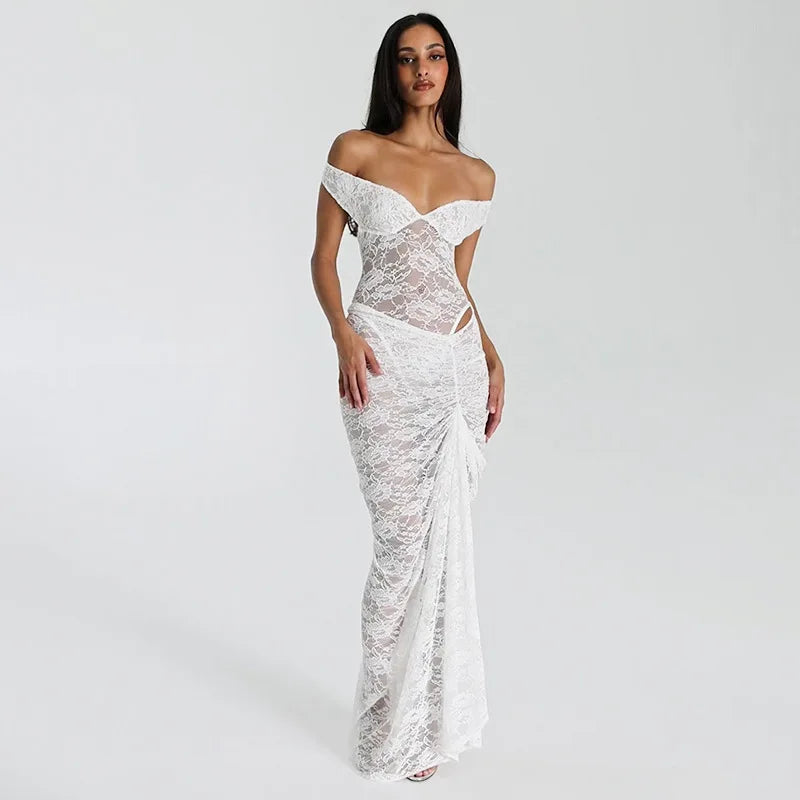 Women Lace outfit Off-shoulder Backless Romper with Pleated Long Skirt Summer Sheer Outfit for Cocktail Party