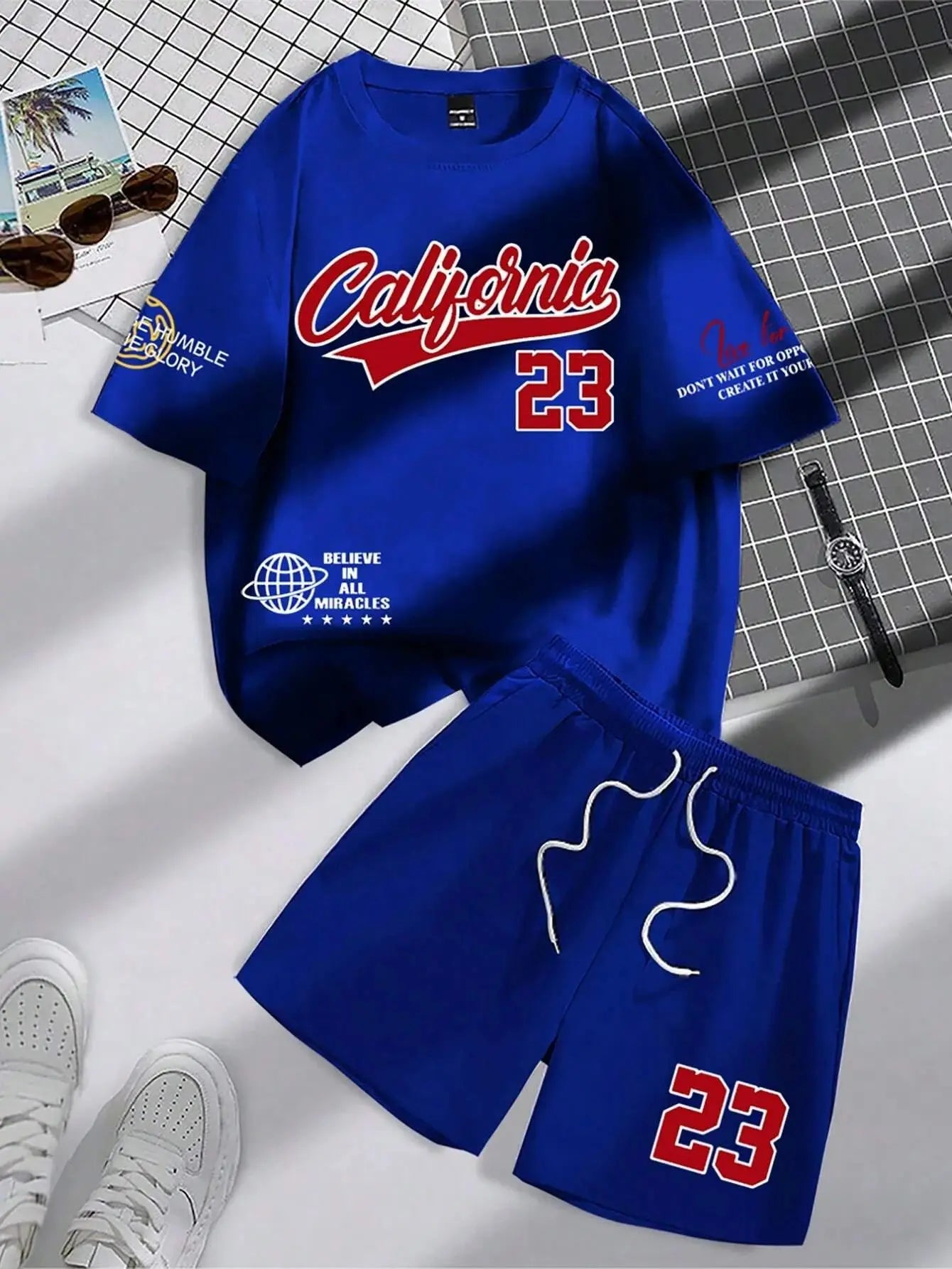 summer new trend men's suit round neck short sleeve set fashion personalized alphanumeric print round neck T-shirt and shorts