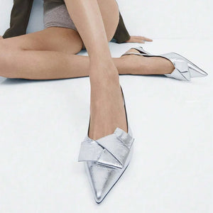 Kitten Low Heels Bownkot Pointy Toe Leisure Sandals Pleated Slip-on Back Strap Flats