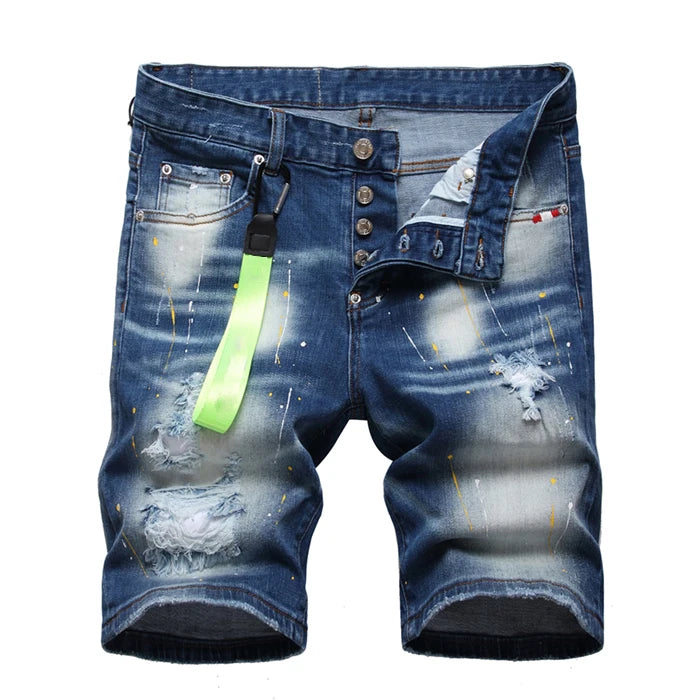 fashion blue Denim Shorts Summer Holes BUTTON FLY Shorts Jeans High Quality Stretch Fit Denim Jeans Shorts