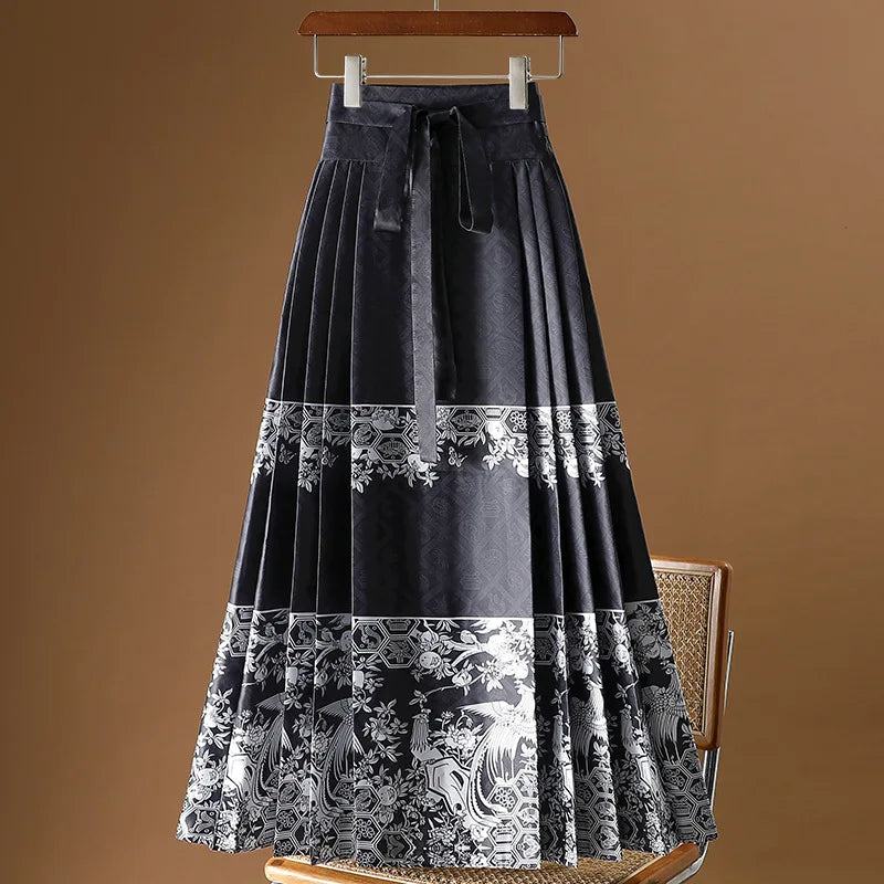 Vintage Maxi Chinese Style Horse Face Skirts  Pleated