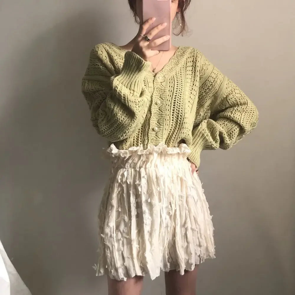 Women Spring Summer Sweater and Cardigans Low V-Neck Knit Tops Long Sleeve Hollow Out Sexy Cardigan Loose