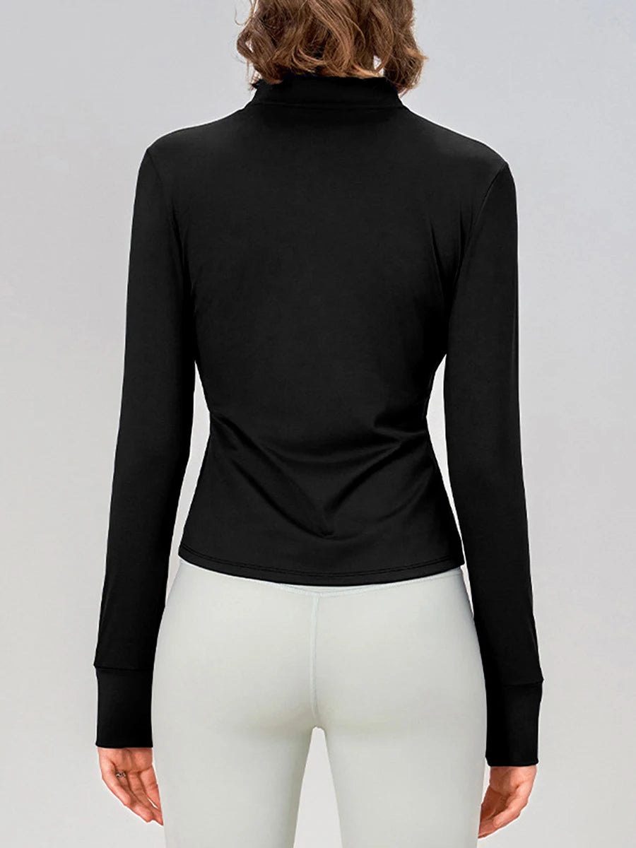 Full Zip Yoga Jacket with Solid Color Long Sleeves Stand Collar  Fit and Thumb Holes for Active Wear