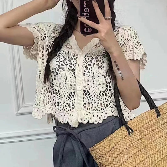 Sheer Crochet Top Short Sleeve Button Front V-Neck Open-knit Embroidery Blouse Women Summer