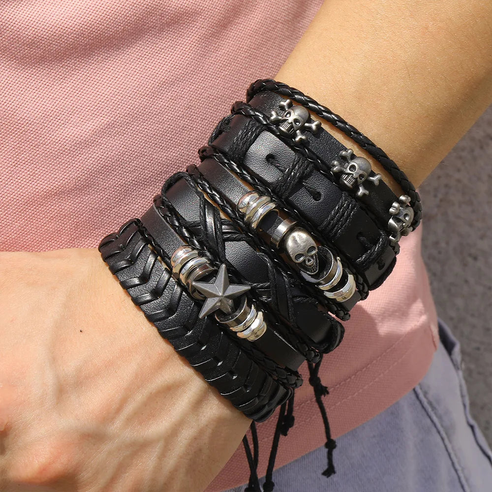 1 Fashion Bracelet Viking Bracelet For Men Hand Bracelets Woven Skull Hand Jewelry Adjustable Leather Set Bracelet