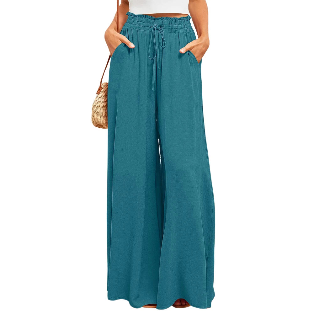Women High Waisted Palazzo style pants with Elastic Waistband Drawstring Long Trouser Solid Color Casual Long Pants