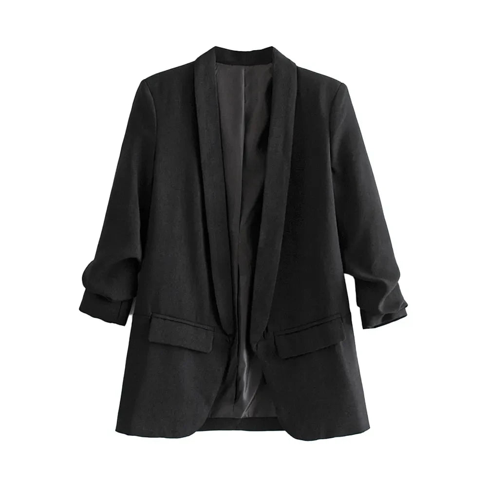 Fashion Office Wear Open Blazer  Vintage Long Pleated Sleeves Flap Pockets Female Outerwear Chic Tops