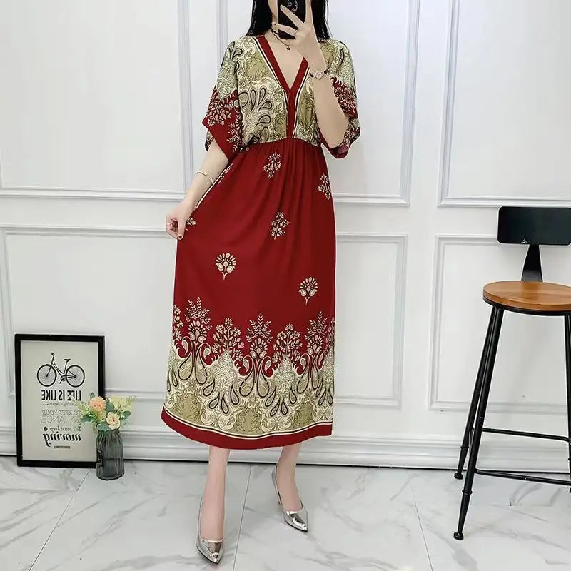 Colorful Flower V-neck Elastic Youthful Bohemian Sweet Midi Dress Woman Clothes Chic Fashion Summer Dresses