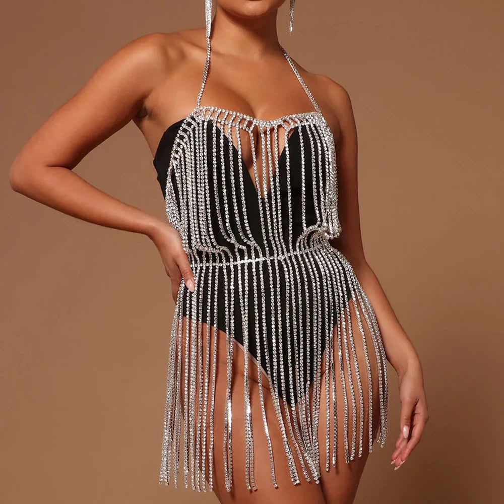 Sexy Rhinestone Body Dress Harness Bodysuit  Rave Lingerie Tassel Body Chain  Jewelry