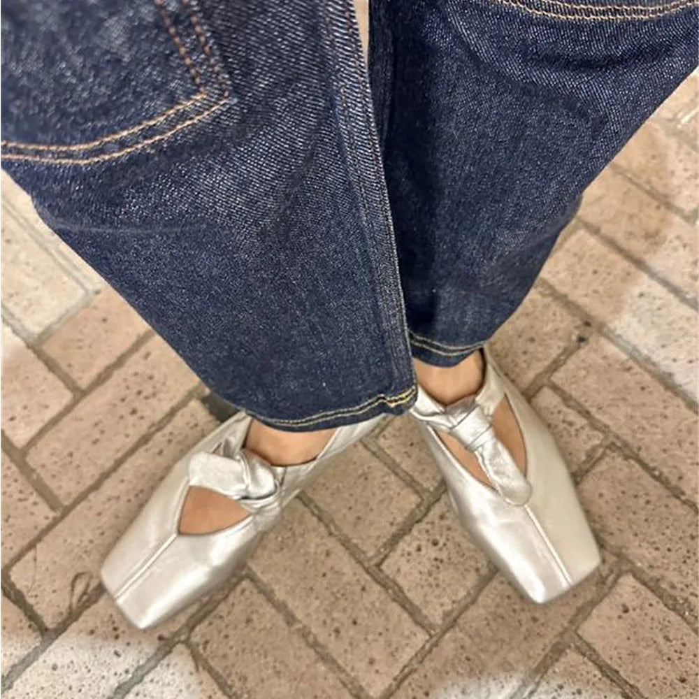 Cute Square Toe Ballet Shoes Fashion Flat Bow Mary Jane Pumps