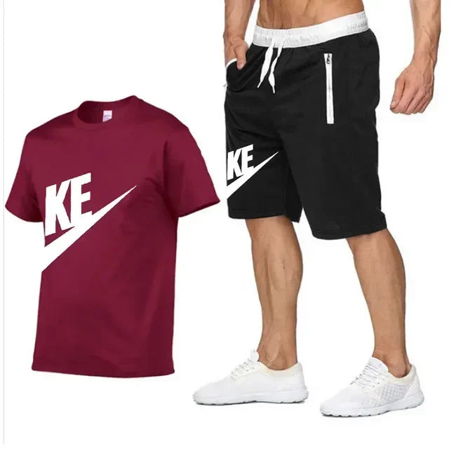Summer men's printed round neck short-sleeved T-shirt + five-point shorts two-piece fitness sports fashion leisure suit