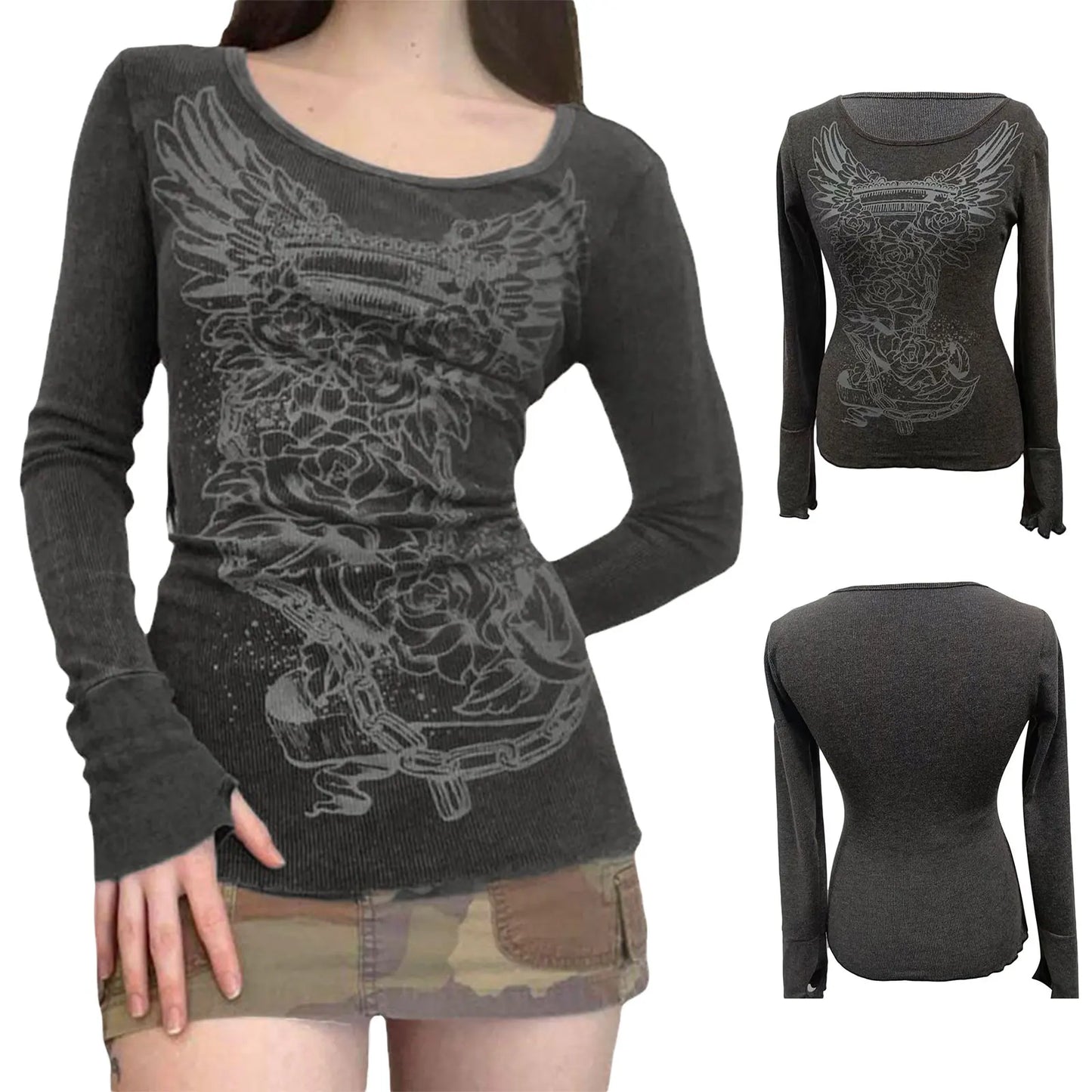 Graphic T Shirt Vintage Fairy Grunge Floral Wings Print Long Sleeve Tops  Women Clothes Basic