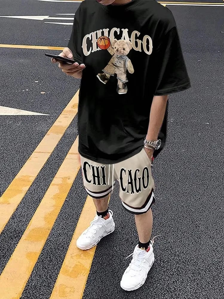 Cartoon Bear 3D Printed Men's Round Neck Short Sleeve 2-piece Set Urban Street Trendy Men's Top Outdoor Men's Drawstring Shorts