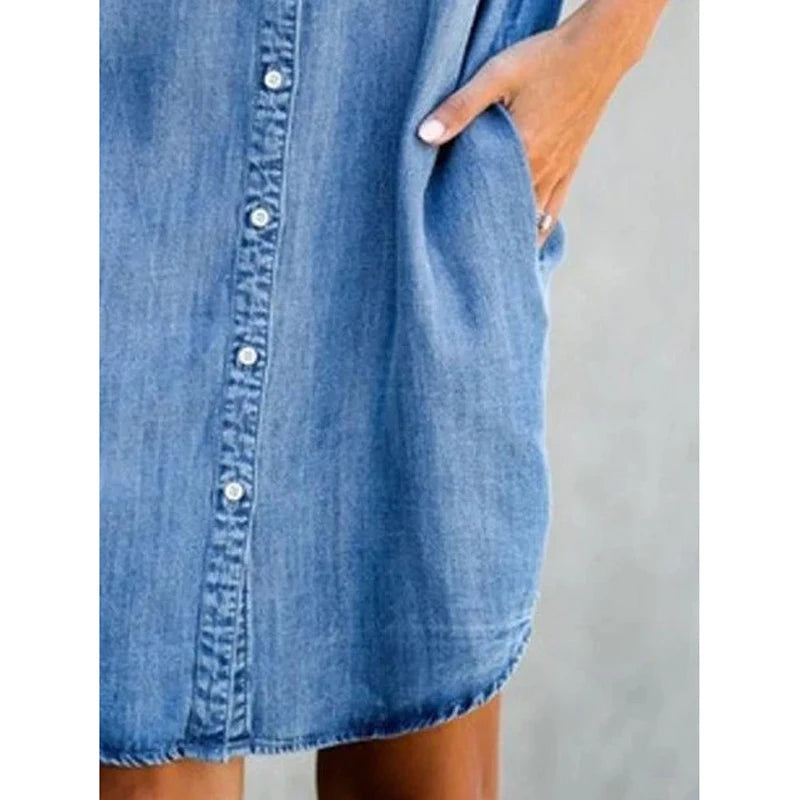 Single Breasted Denim Shirt Dress Women's Casual Loose Pocket Simple Retro Commuter Female Office Denim