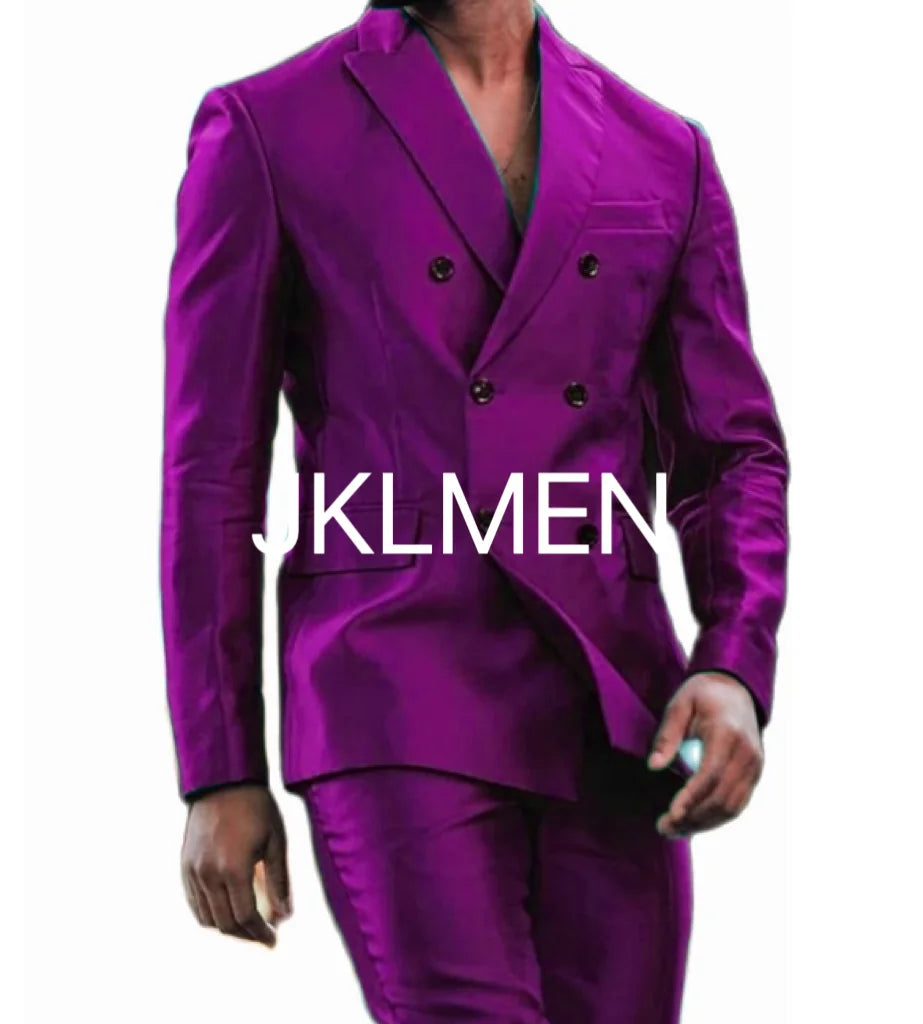 Latest Design Shiny  Jacket Pants Double Breasted Peak Lapel Men Suits Tuxedo Groom Wedding Prom Party