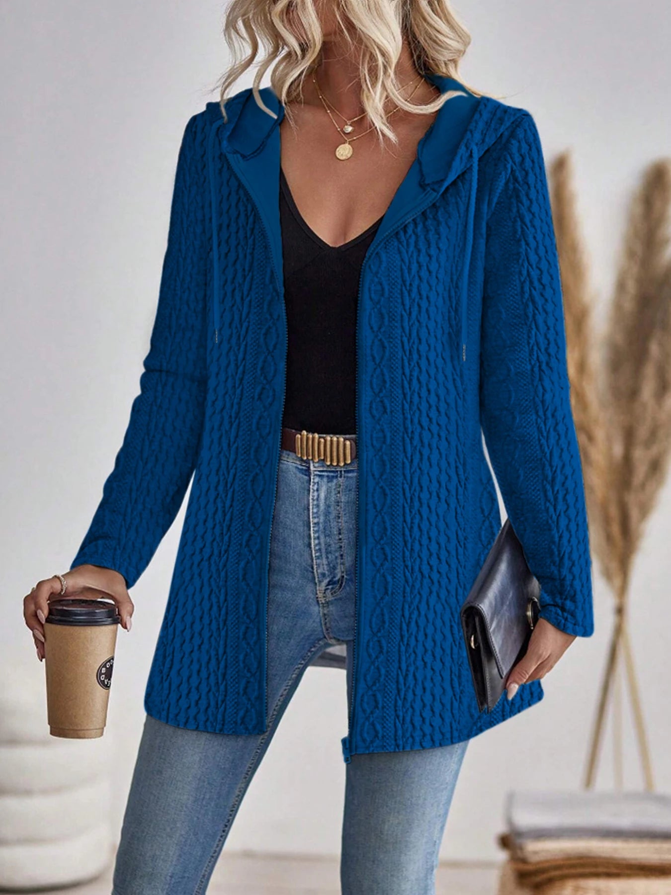 Elegant directional women's fashionable texture solid color zipper hooded sweatshirt
