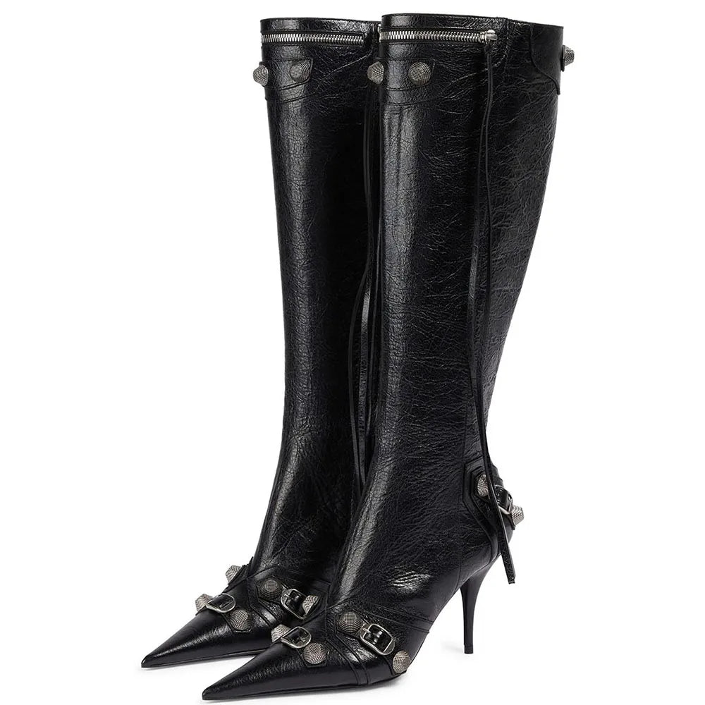 Stiletto High Heeled Knee High Boots Pointed Toe Back Zipper Tassel
