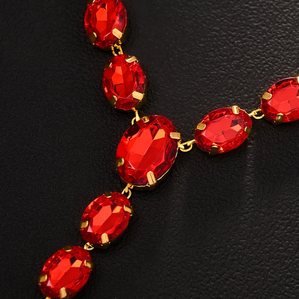 Red Y Shape Necklace Earring Set  Rhinestone Crystal Design