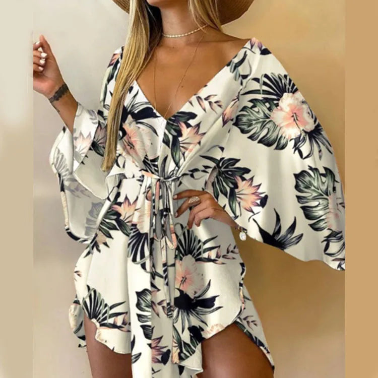 Women Print Dress Sexy V-Neck Bat Sleeve Ruffle Flowers Print Bohemian Beach Sundress Ladies Loose Summer Vacation Mini Dresses