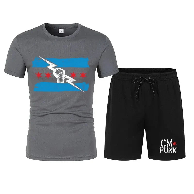 Men's black CM return punk T-shirt shorts suit summer short-sleeved men fashion comfortable loose clothing suit