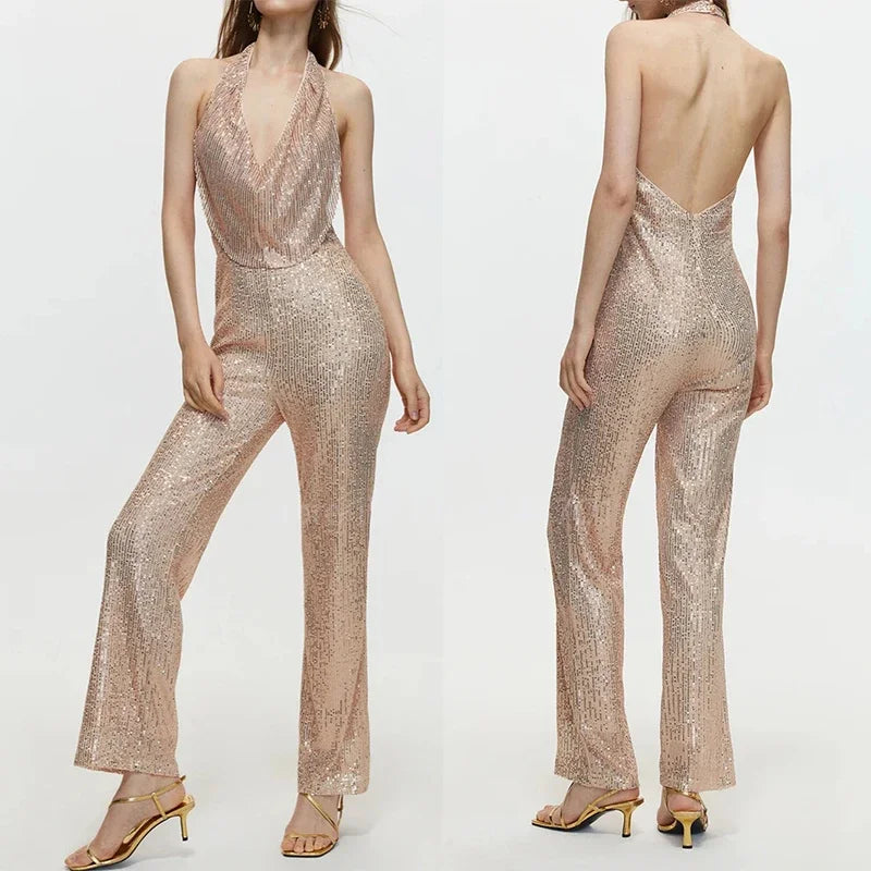 Evening Glitter Women's Sexy Sequins Jumpsuit Ladies Elegant Swing Collar Stacked Sleeveless Straight Rompers Formal Party Wear