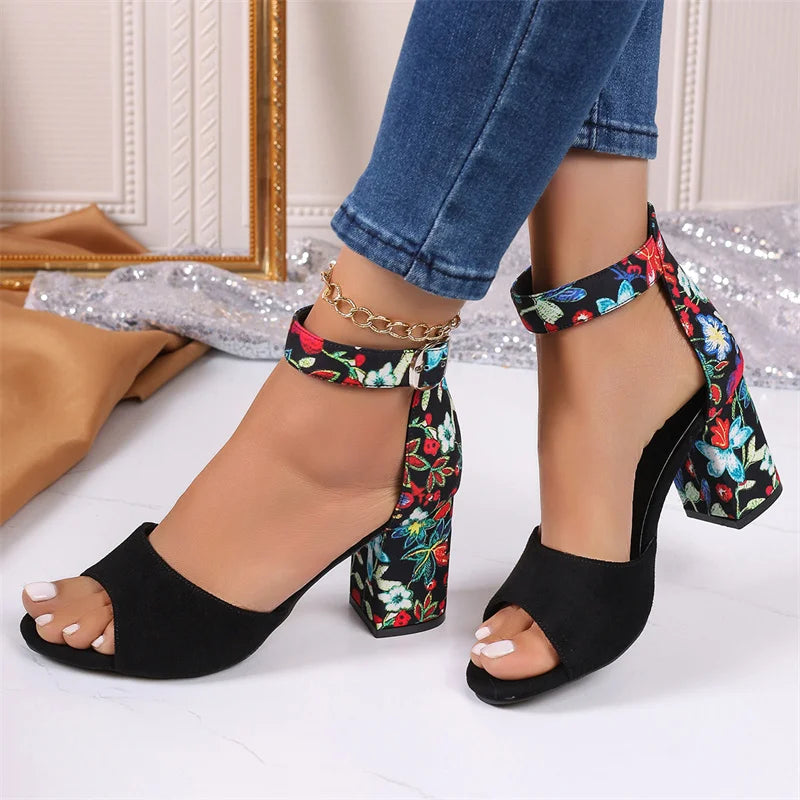 High Heels Ankle Strap Flower Plateaus Pumps Peep Toe