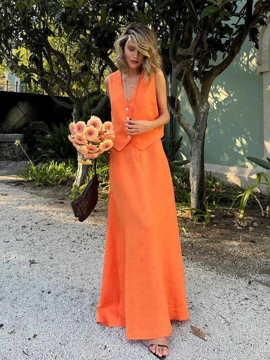Women's Chic Vest Long Skirt 2-Piece Set Summer Sleeveless Top Fashionable Office Ladies Loose Dress Outfits