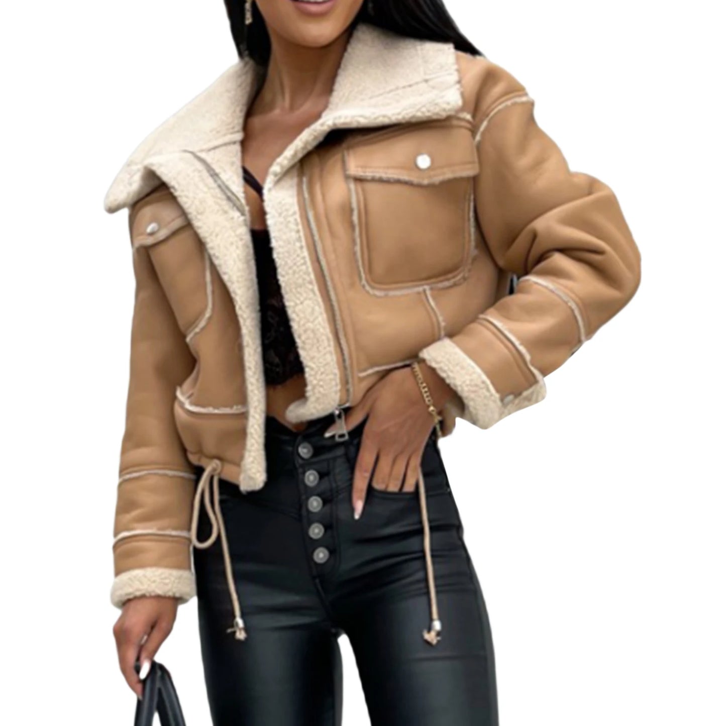 Winter Jacket, Long Sleeve Zipper Closure Patchwork Warm Outwear with Pockets