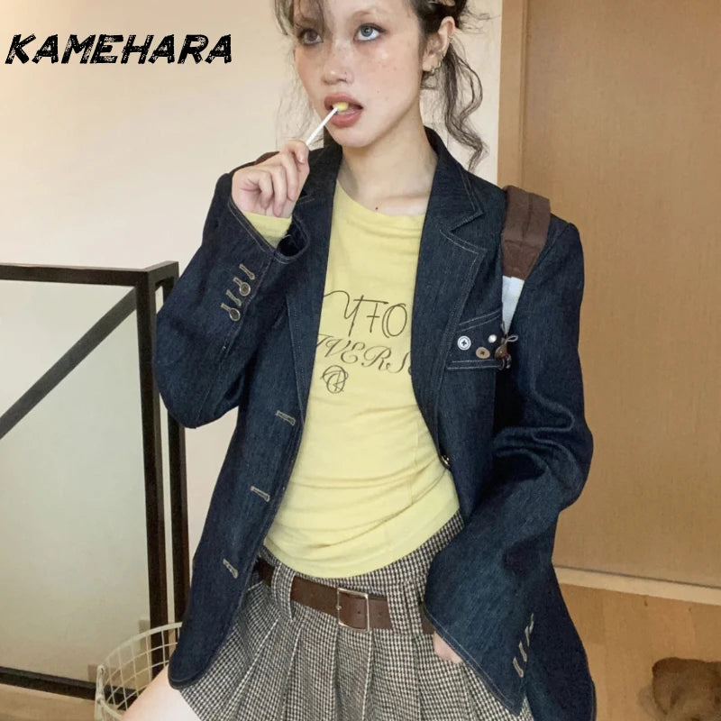 Retro Long Sleeve Spring  Lemon Yellow Round Neck Letter T-shirt