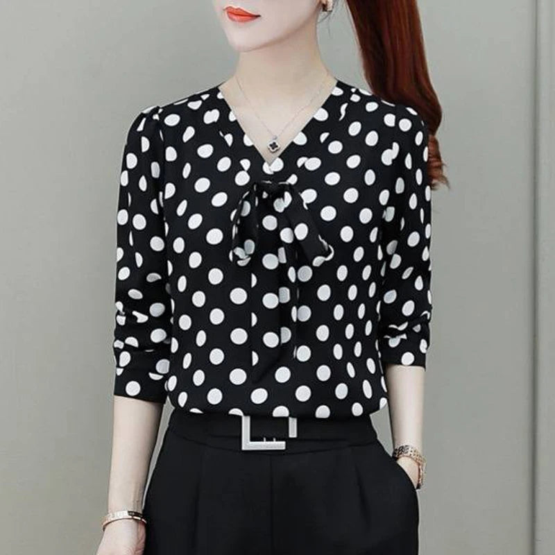Bow Dot Print Elegant Blouse Spring Autumn