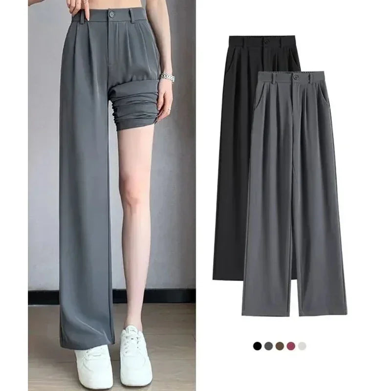 Women Full Length Pants Baggy High Waist Wide Leg Solid Color Trousers Lady Straight Leg  Classic Office  Slacks
