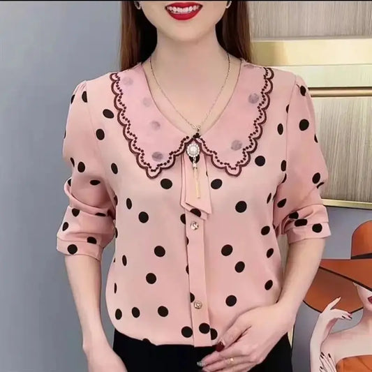 Peter Pan Collar Beading Embroidery Polka Dot Blouse