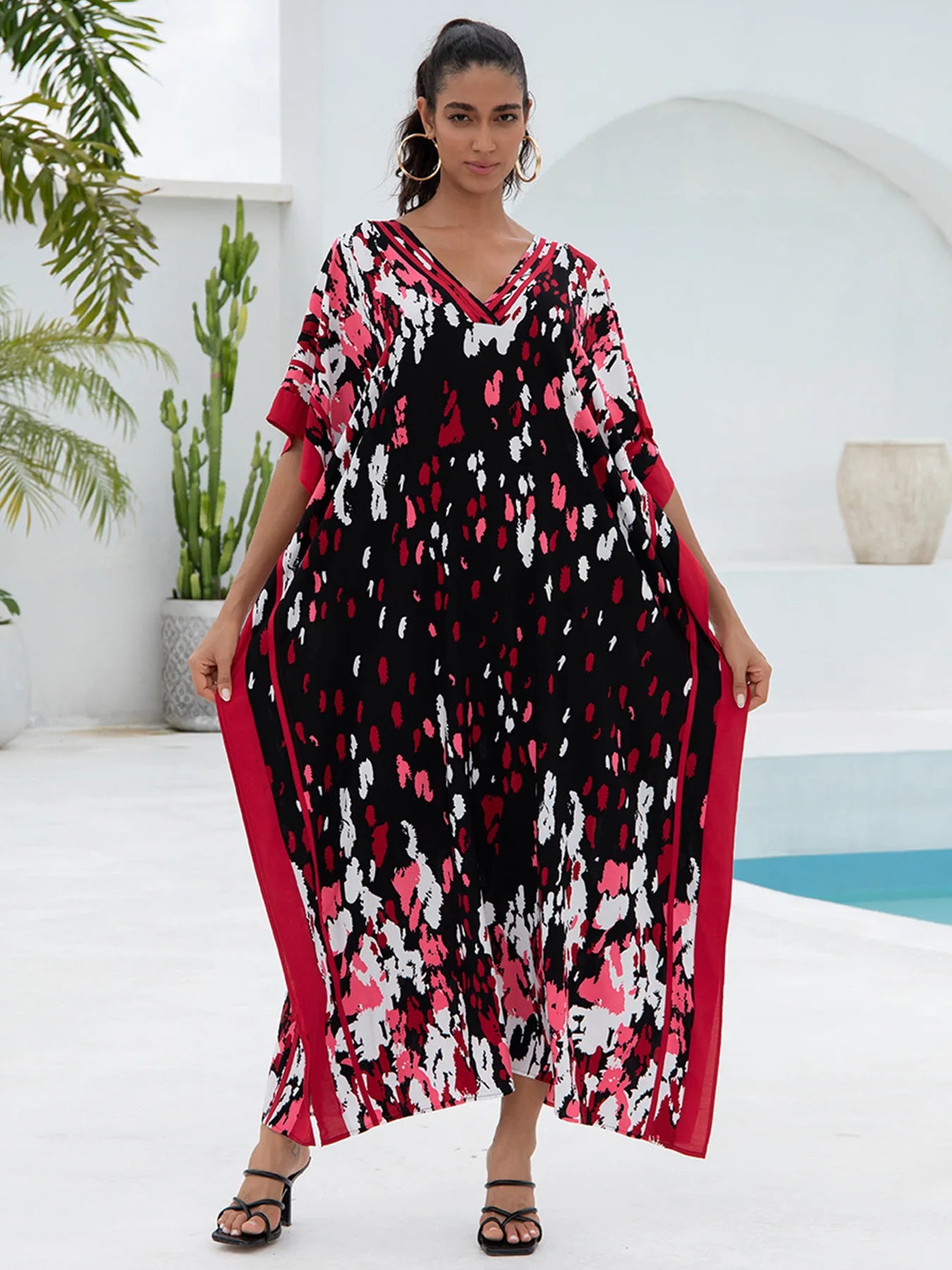 Black Red Print Women  Loose Fitting Long Robe Beach Vacation V-neck Sunscreen Clothing Kaftan