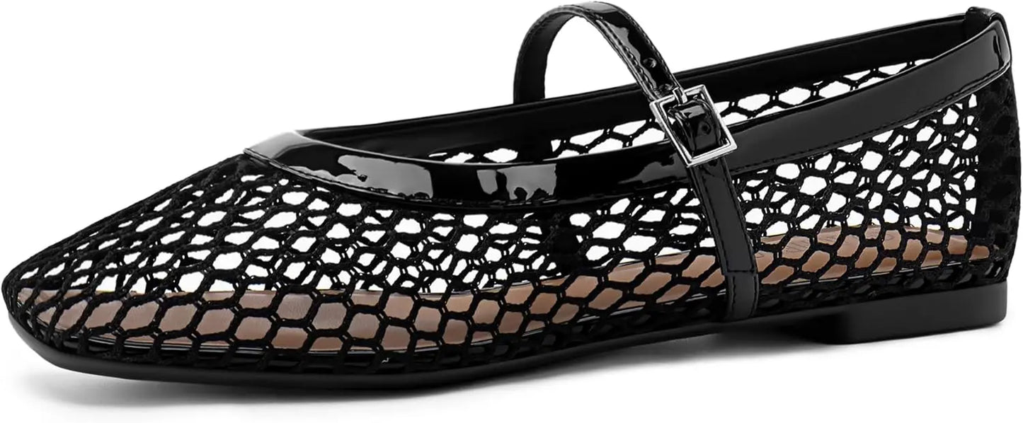 Mesh Ballet Flats for Women Comfortable Square Toe Ballerina Flats Buckle Strap Casual Fishnet Flat Shoes