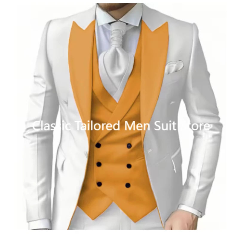 Elegant Wedding 3 Piece Jacket Pants Vest Full Set Luxury Single Breasted Peak Lapel  Male Clothing Men's Suits Blazer