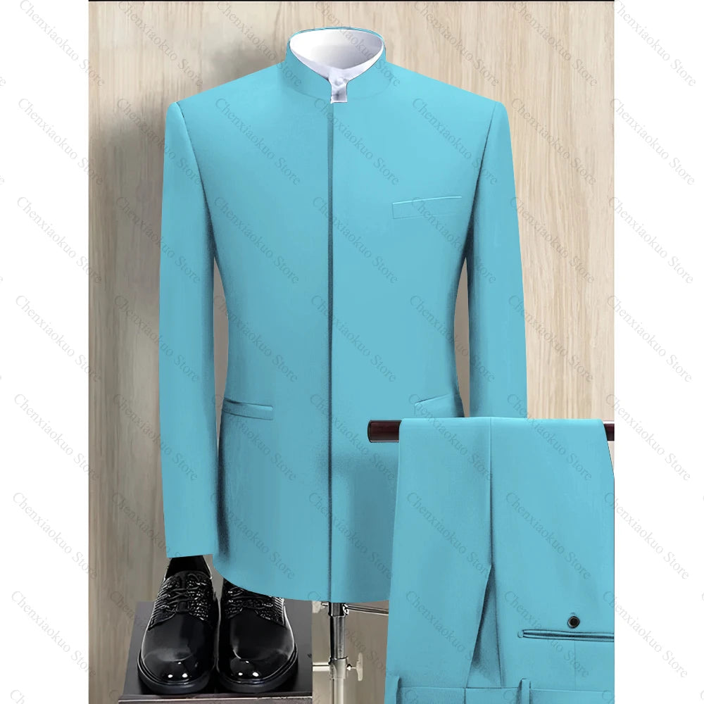 Fashion Solid Men Suits 2 Piece Stand Collar Long Sleeves Formal Outfits Chic Business Casual Wedding Tuxedo (Blazer+Pants)