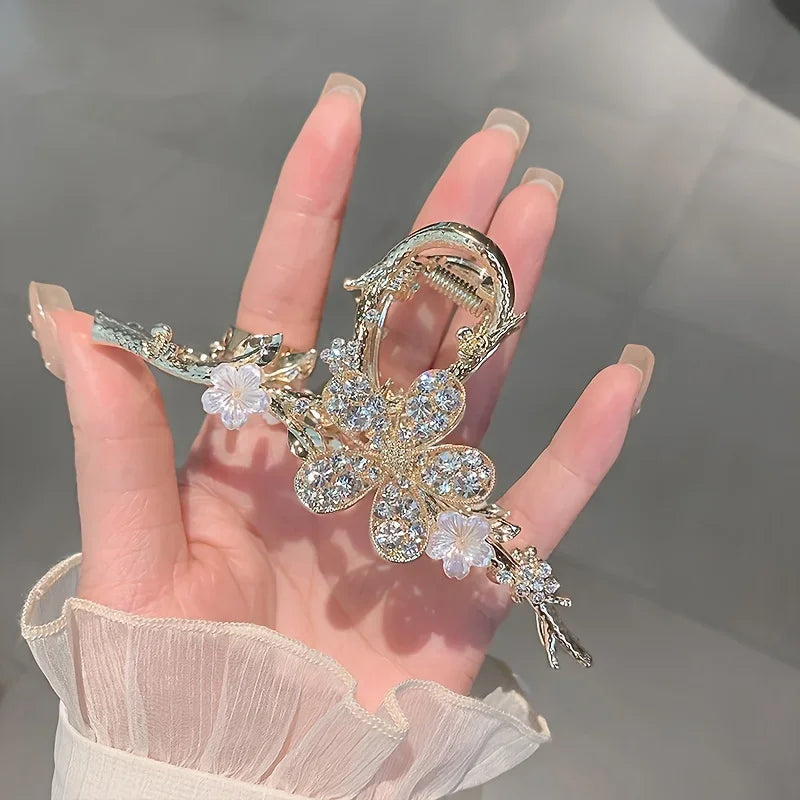 Branches Rhinestone Flowers Large Grab Clip Delicate Hair Clip High-end Luxury Back of the Head Coiled Hair Headdresses
