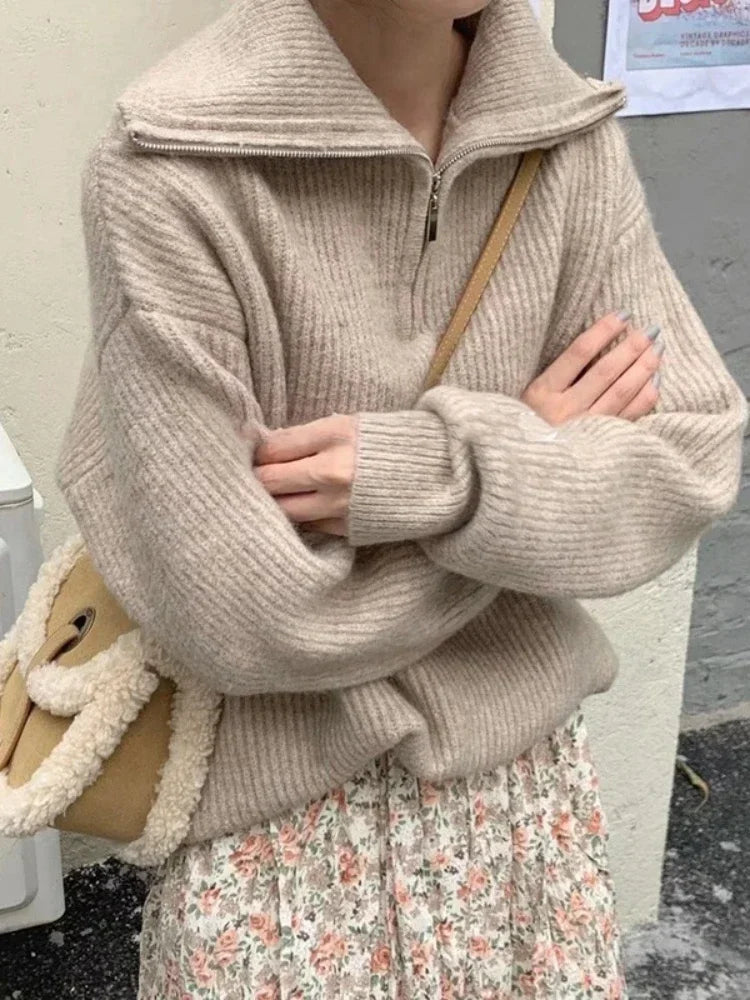 Fashion Women's Turtleneck Zippers Solid Loose Women Sweaters Pullover Long Sleeve Casual Knitted Sweater Woman