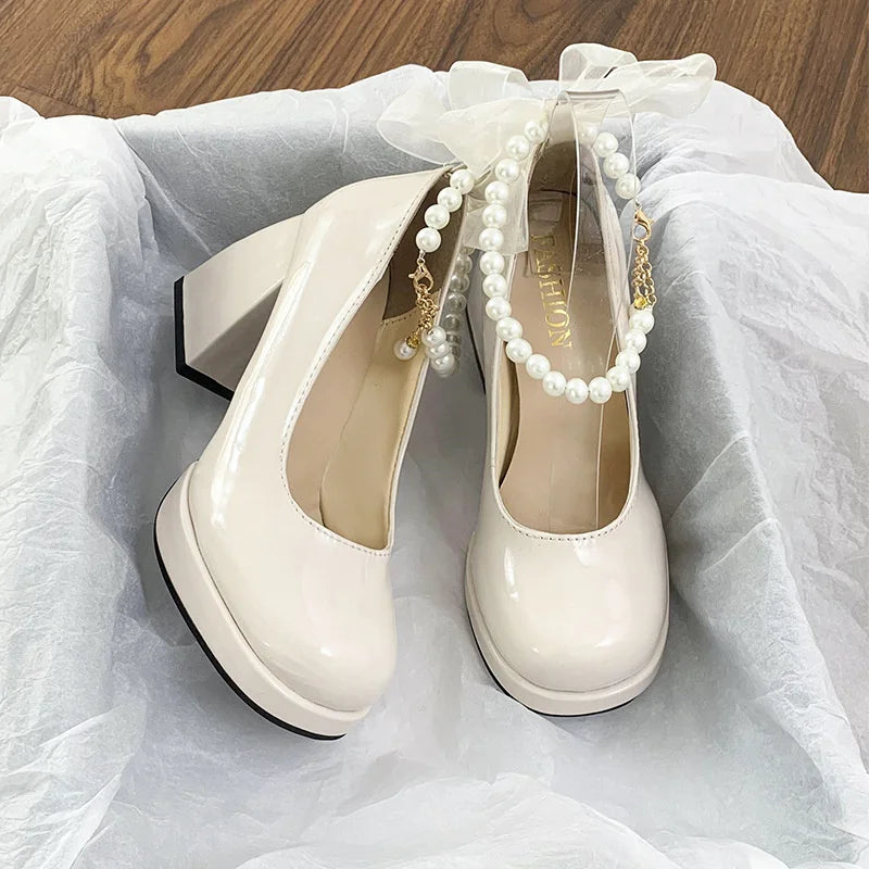 Lace Bow and pearl accent High Heels  Square Toe  Pumps Thick Heel