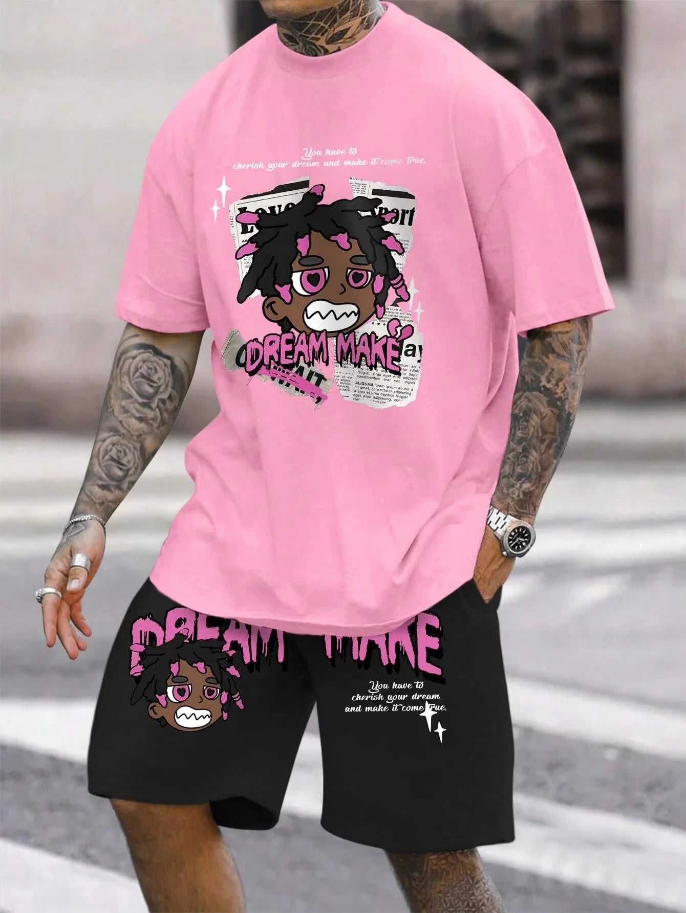 Men's round neck casual summer T-shirt, printed with cartoon characters and letter patterns, lightweight and breathable shorts