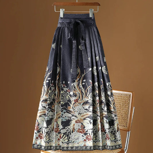 Vintage Maxi Chinese Style Horse Face Skirts  Pleated