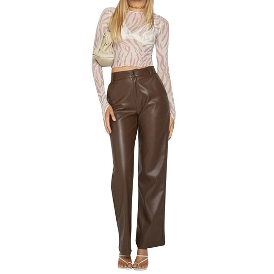 Women s Casual Loose Fit Trousers with Pockets High Waist Solid Color Straight-leg Pants in Faux Leather