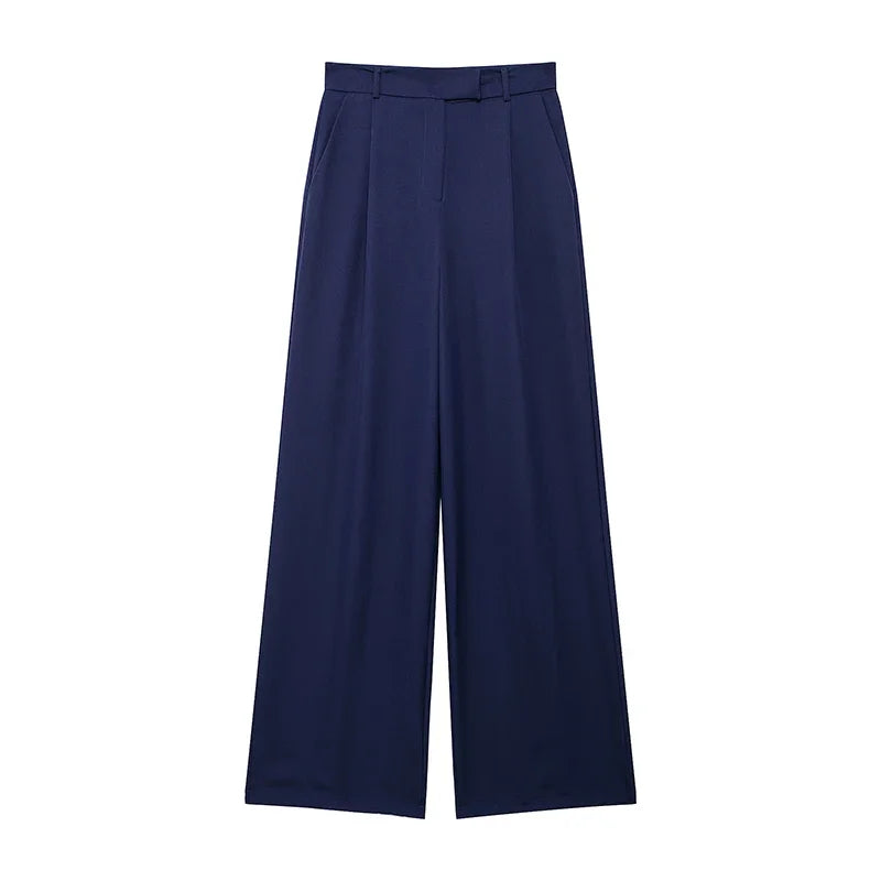 Women's Fashion Solid Front Zipper Straight Pants Vintage High Waist Full Length Female Chic Lady Trousers