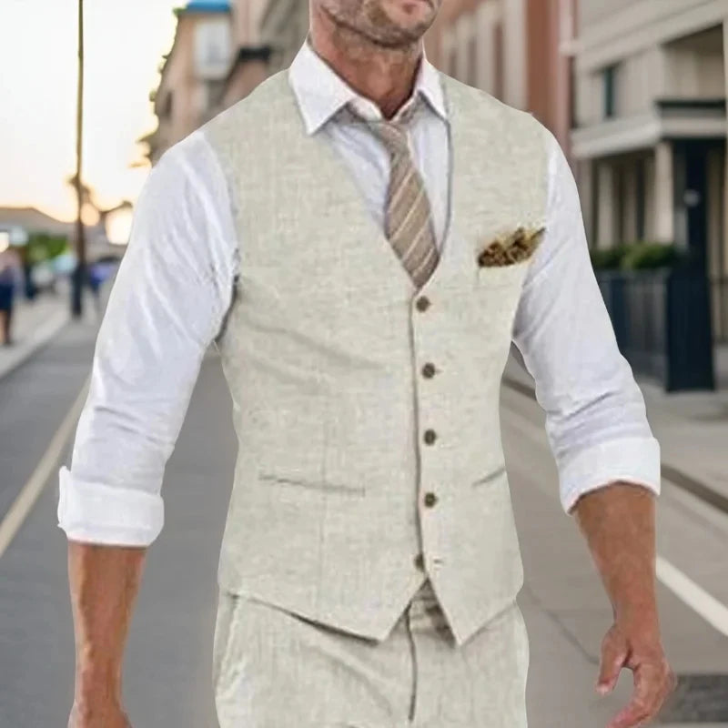 Summer Linen Beige Men's Suits Vest Only1 Piece Single Breasted Casual Daily Outfits Luxury