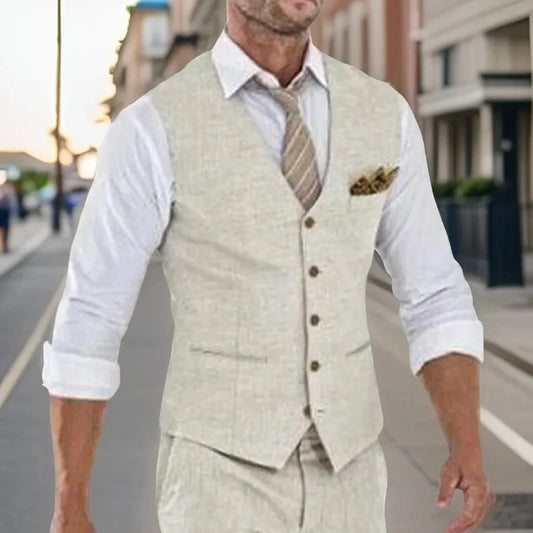 Summer Linen Beige Men's Suits Vest Only1 Piece Single Breasted Casual Daily Outfits Luxury