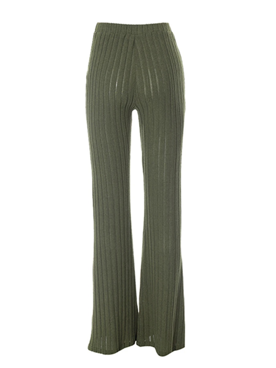 Women High Waist Flared Pants Casual Solid Color Ribbed Bell Bottoms Elastic Bootcut Trousers Streetwear